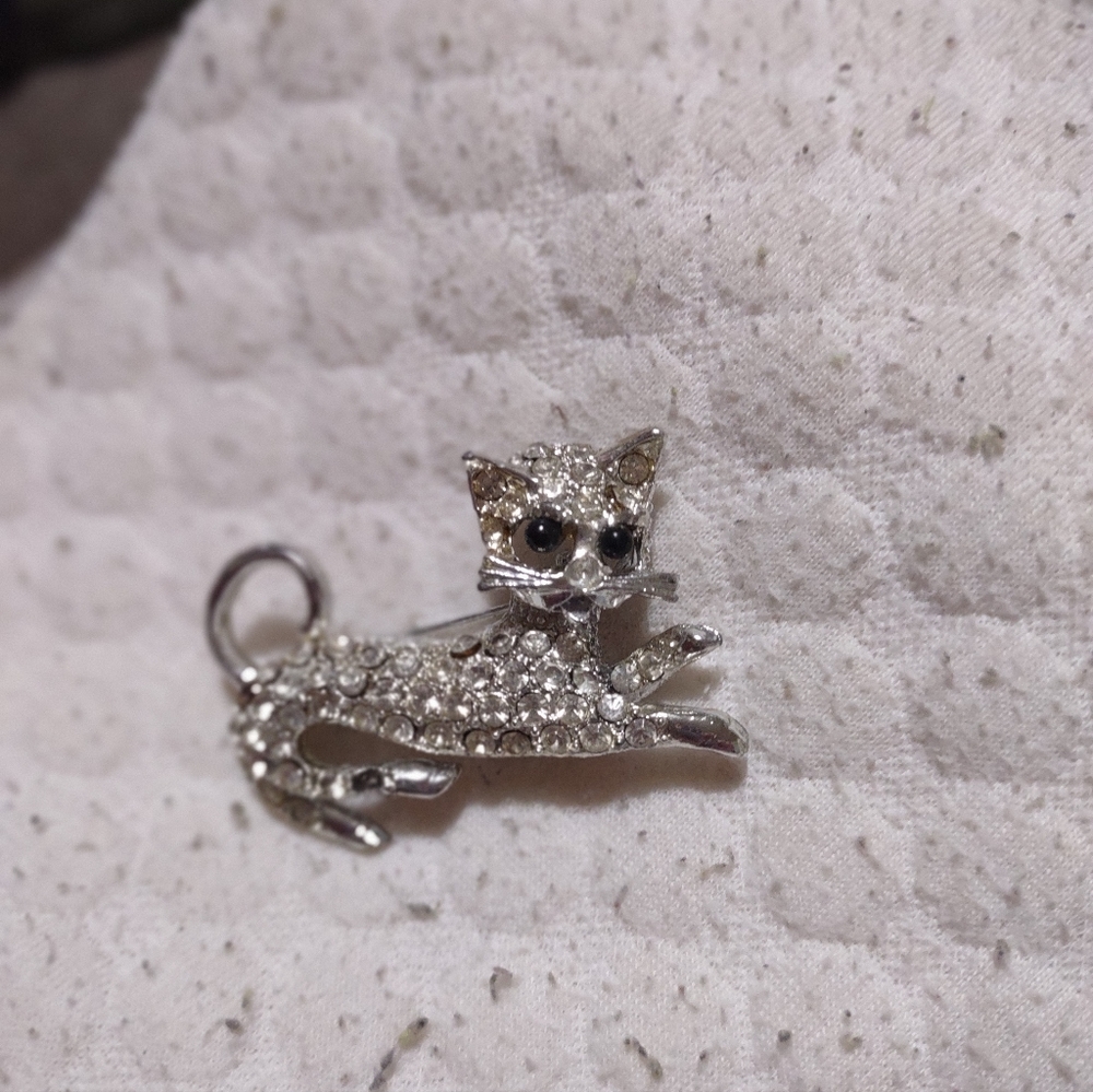Vintage Silver Finished Black Eyed & Clear Rhinestones Brooch Pin - Picture 3 of 4